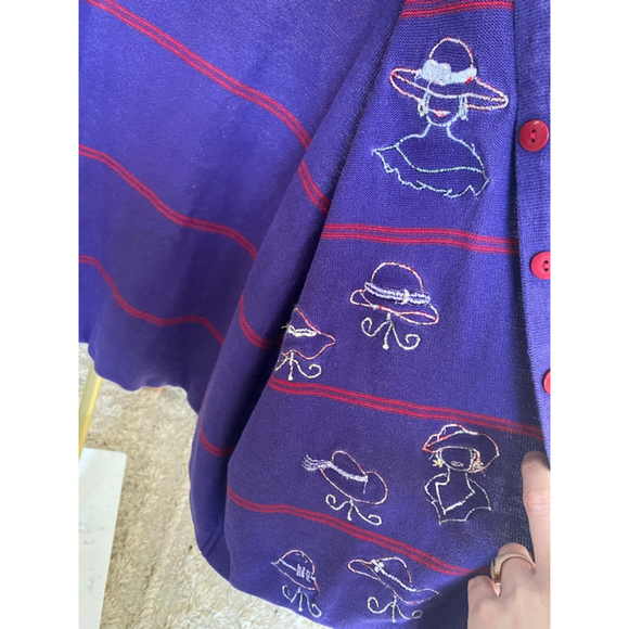 Vintage Terrazzo Cardigan Manniquin Silhouette Purple Embroidered Eclectic Boho - Picture 6 of 8